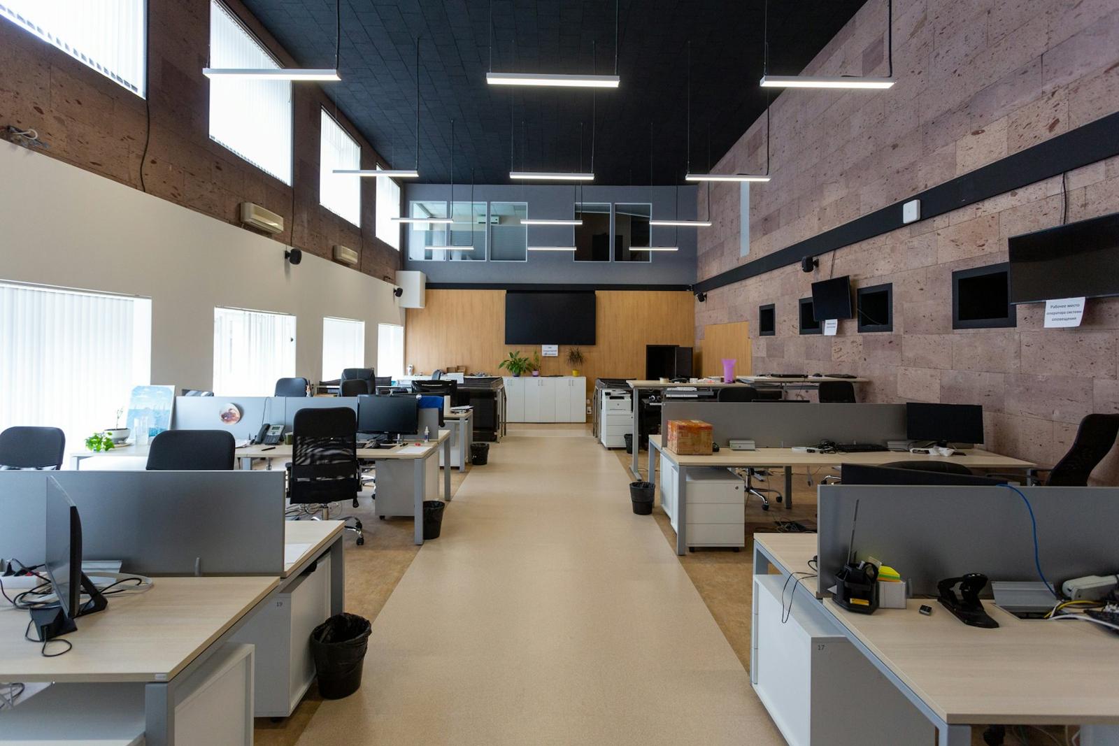 Open-plan office with linear LED lighting
